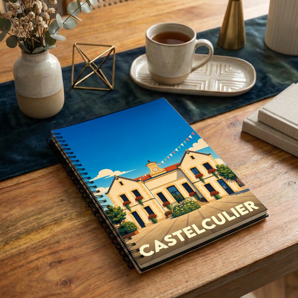 Carnet à spirales souvenir de la ville de Castelculier avec une illustration colorée et stylisée de son hôtel de ville.