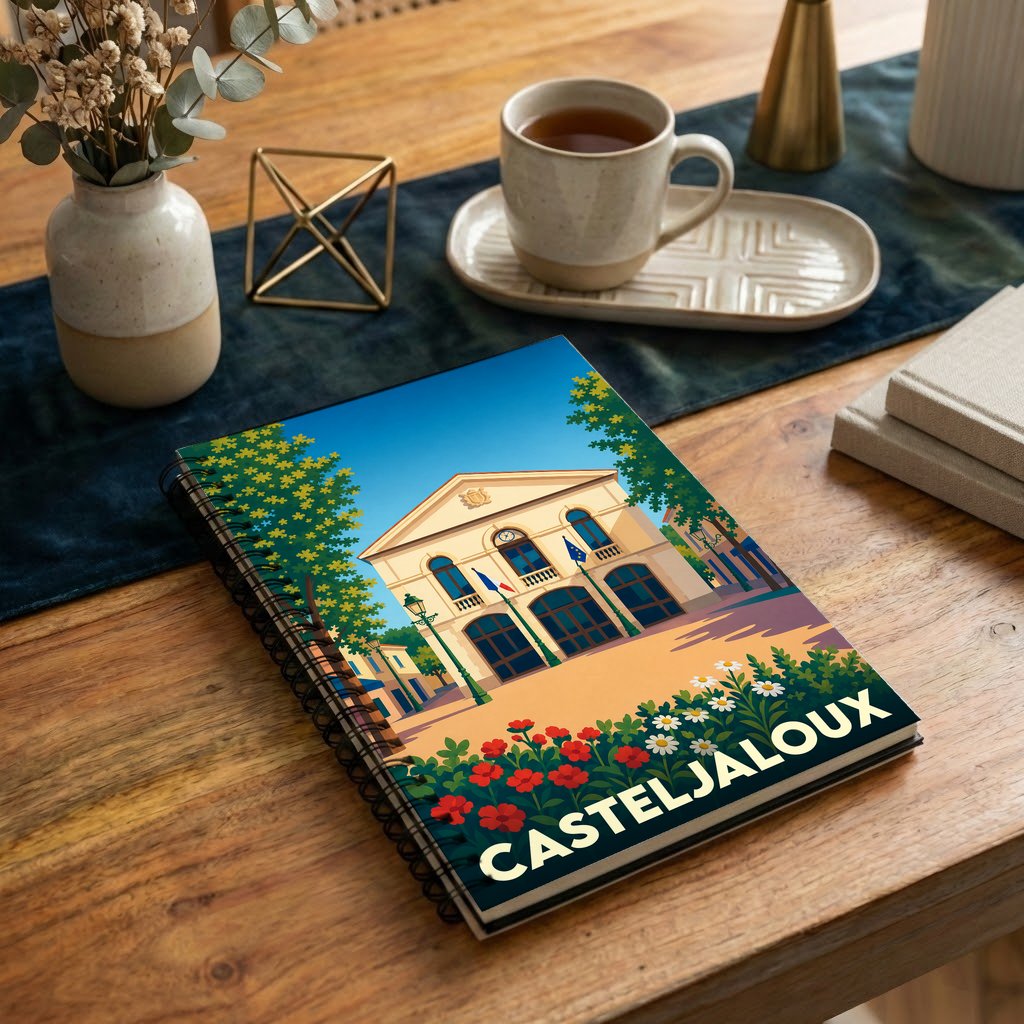Carnet souvenir de la ville de Casteljaloux avec une illustration stylisée de son hôtel de ville.