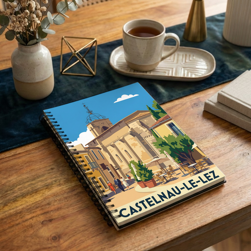 Carnet souvenir de la ville de Castelnau-le-Lez avec une illustration stylisée.