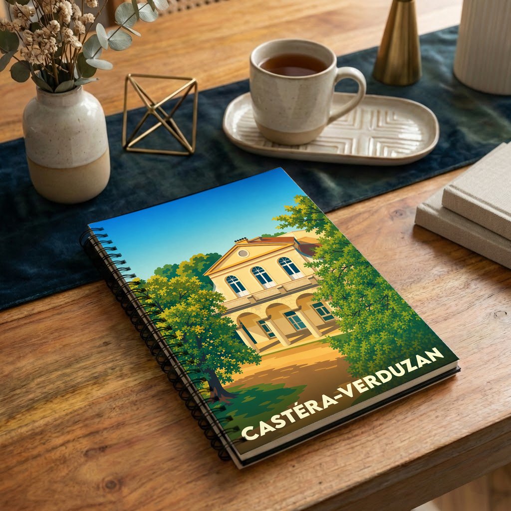 Carnet à spirales souvenir de Castéra-Verduzan avec une illustration stylisée d'un bâtiment thermal entouré d'arbres.
