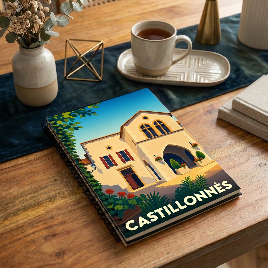 Carnet à spirale souvenir de la ville de Castillonnès avec une illustration stylisée.
