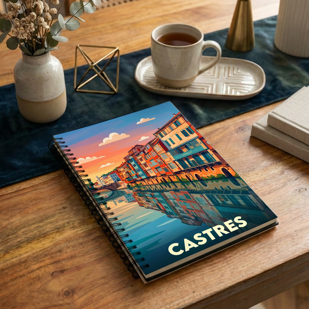 Carnet souvenir de la ville de Castres avec une illustration graphique stylisée.