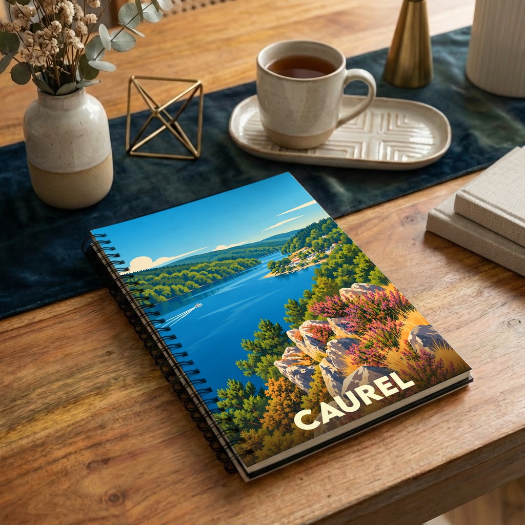 Carnet à spirale souvenir de la ville de Caurel orné d'une illustration stylisée du lac de Guerlédan.