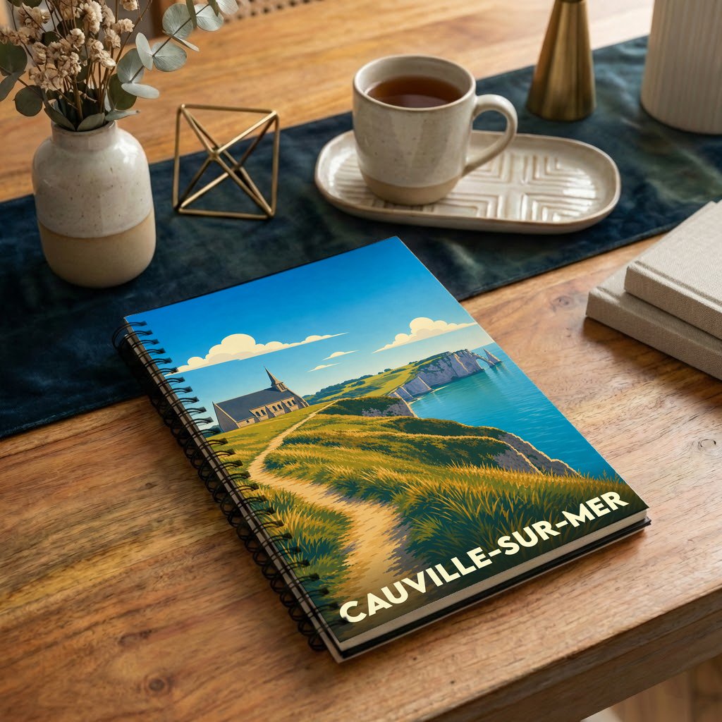 Carnet à spirales souvenir de Cauville-sur-Mer illustré par un paysage côtier stylisé.