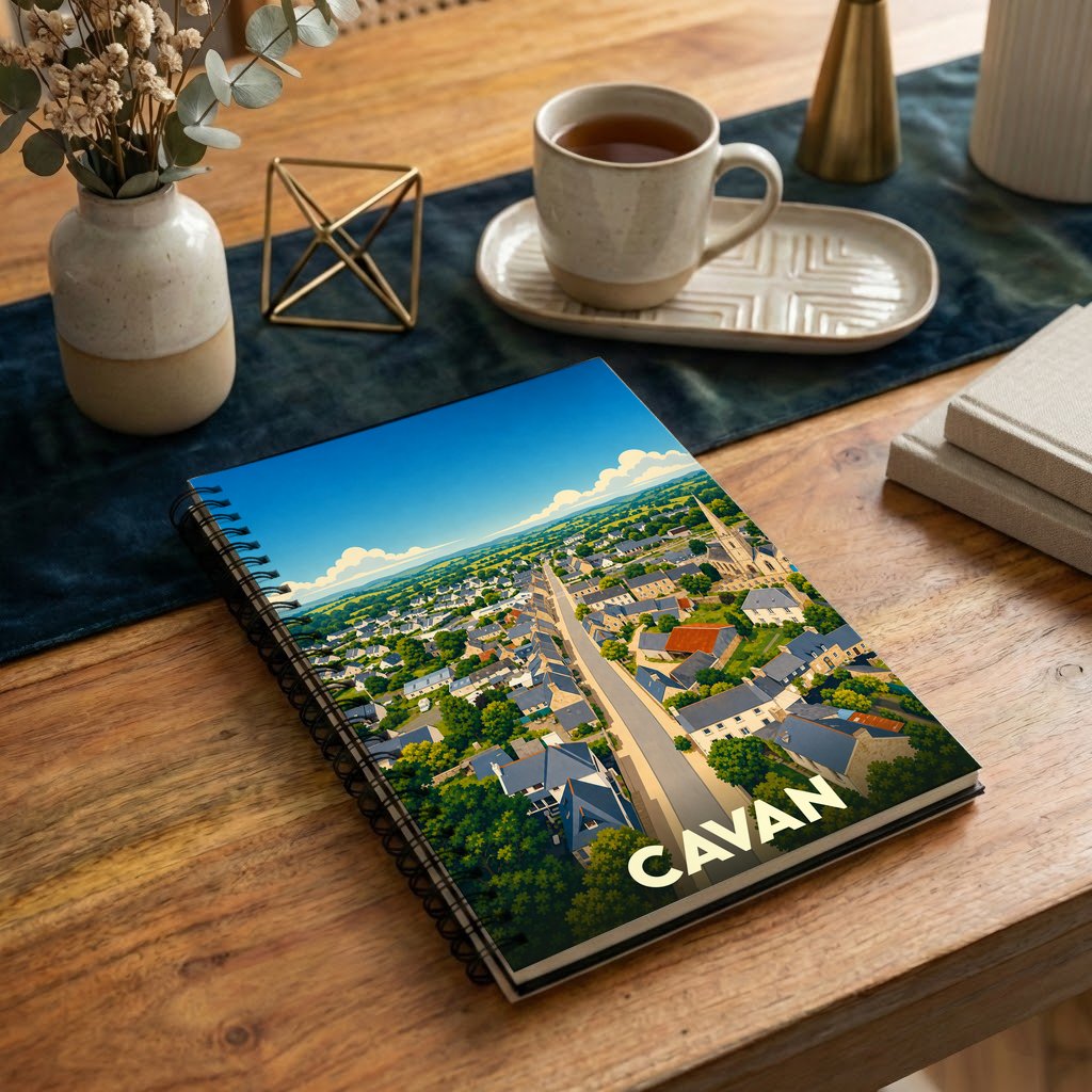 Carnet souvenir à spirale de la ville de Cavan orné d'une illustration aérienne colorée et stylisée.
