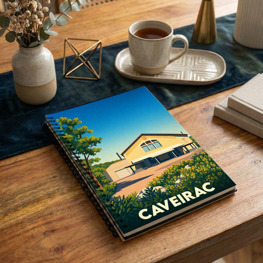 Carnet souvenir de la ville de Caveirac avec une illustration stylisée d'un bâtiment provençal sous un ciel bleu.