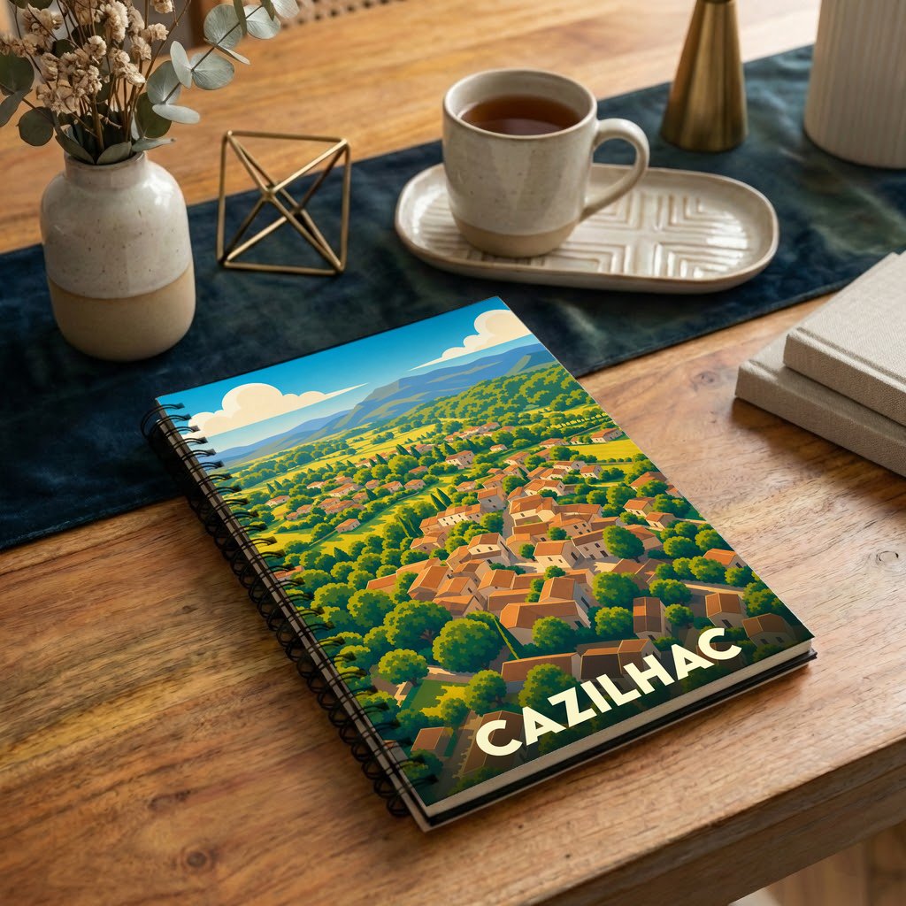Carnet souvenir de la ville de Cazilhac avec une illustration stylisée d'un village occitan niché dans une vallée verdoyante.