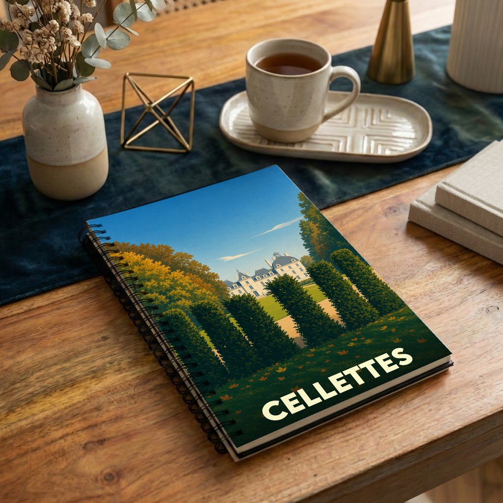 Carnet souvenir de la ville de Cellettes avec une illustration stylisée représentant un château.