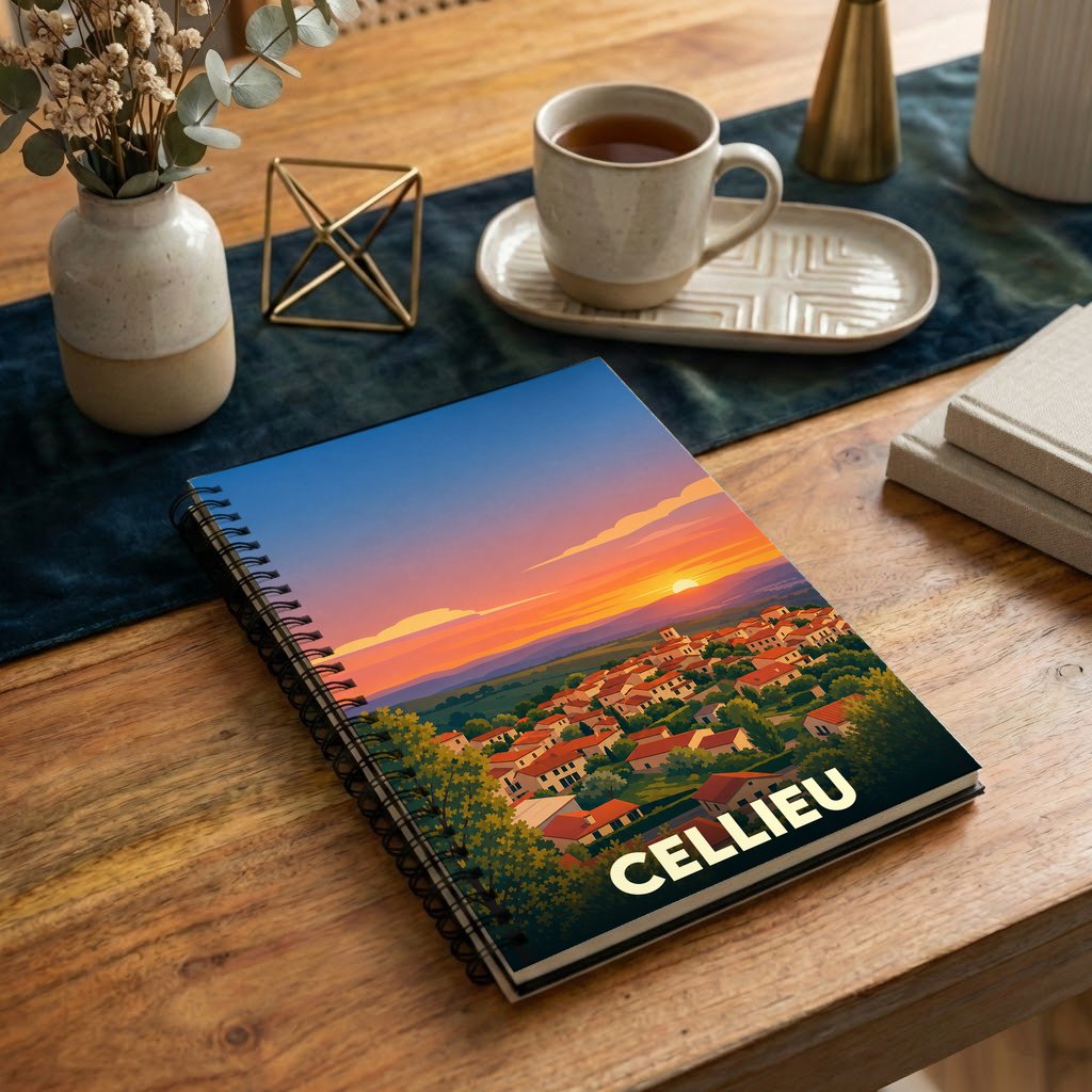 Carnet souvenir de la ville de Cellieu avec une illustration stylisée d'un coucher de soleil sur le village.