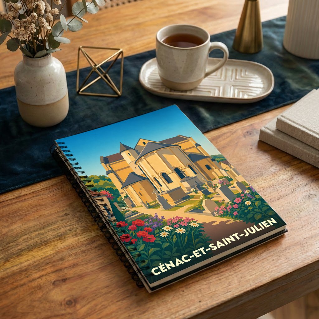 Carnet souvenir de la ville de Cénac-et-Saint-Julien avec une illustration stylisée de son église et de jardins fleuris.