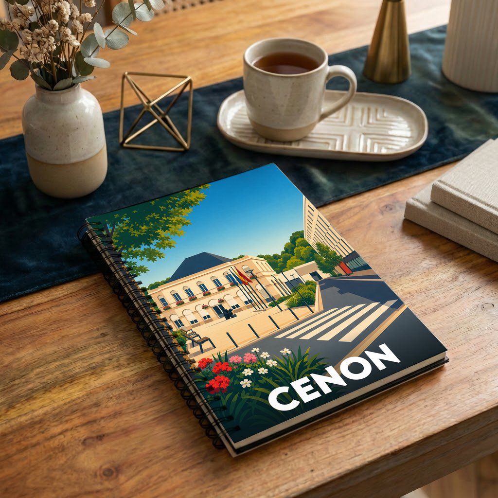 Carnet souvenir de la ville de Cenon avec une illustration stylisée de son hôtel de ville.