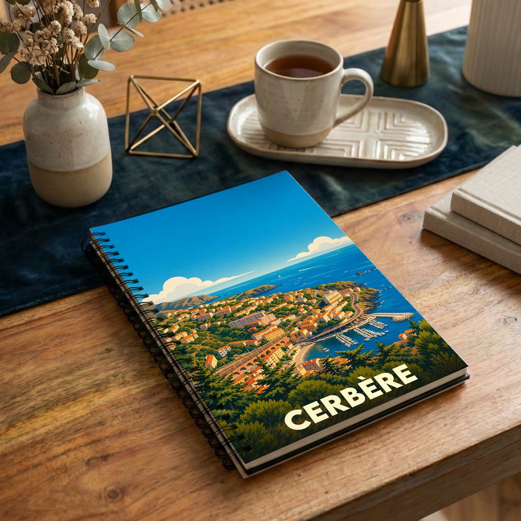 Carnet souvenir de la ville de Cerbère avec une illustration stylisée de son littoral.
