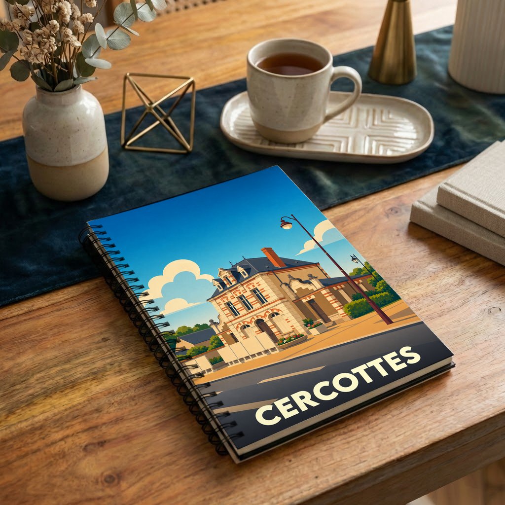 Carnet souvenir de la ville de Cercottes avec une illustration stylisée de sa gare.