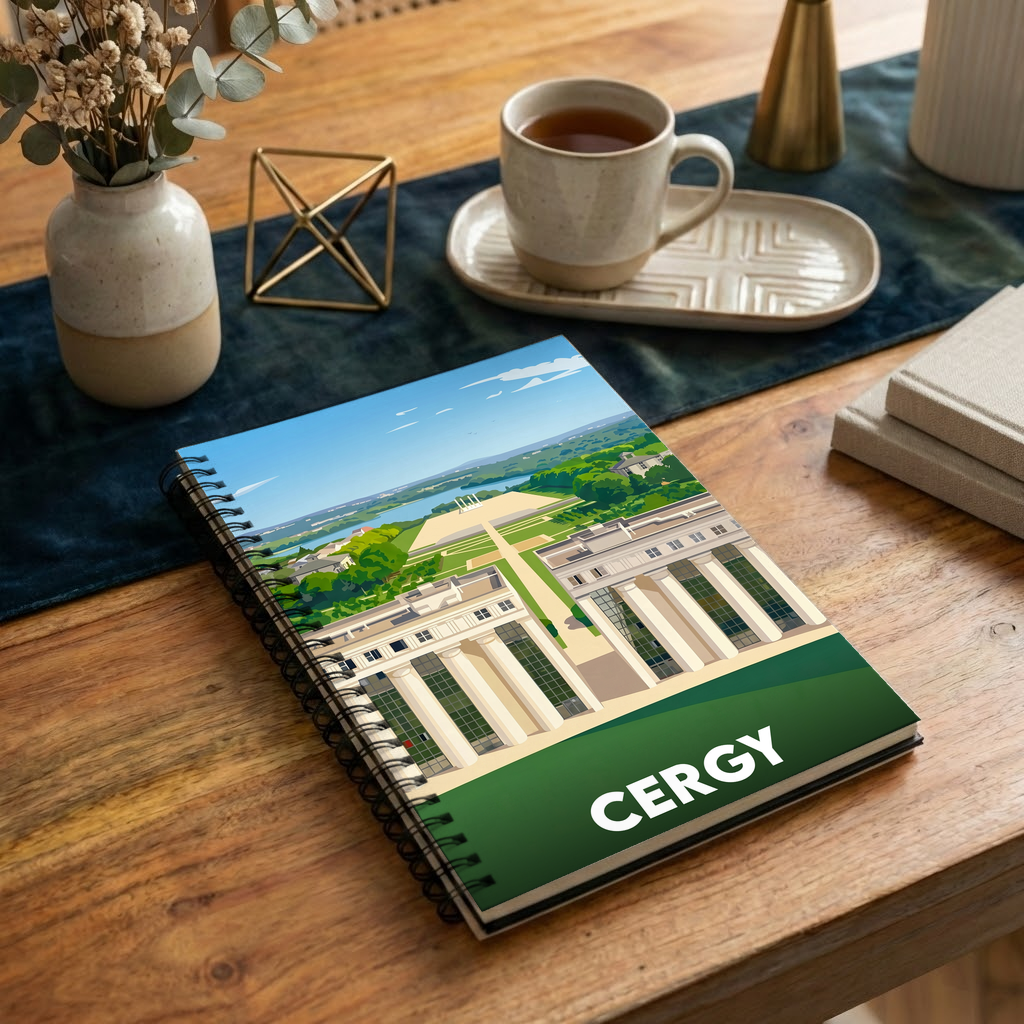 Carnet souvenir de la ville de Cergy avec une illustration stylisée.