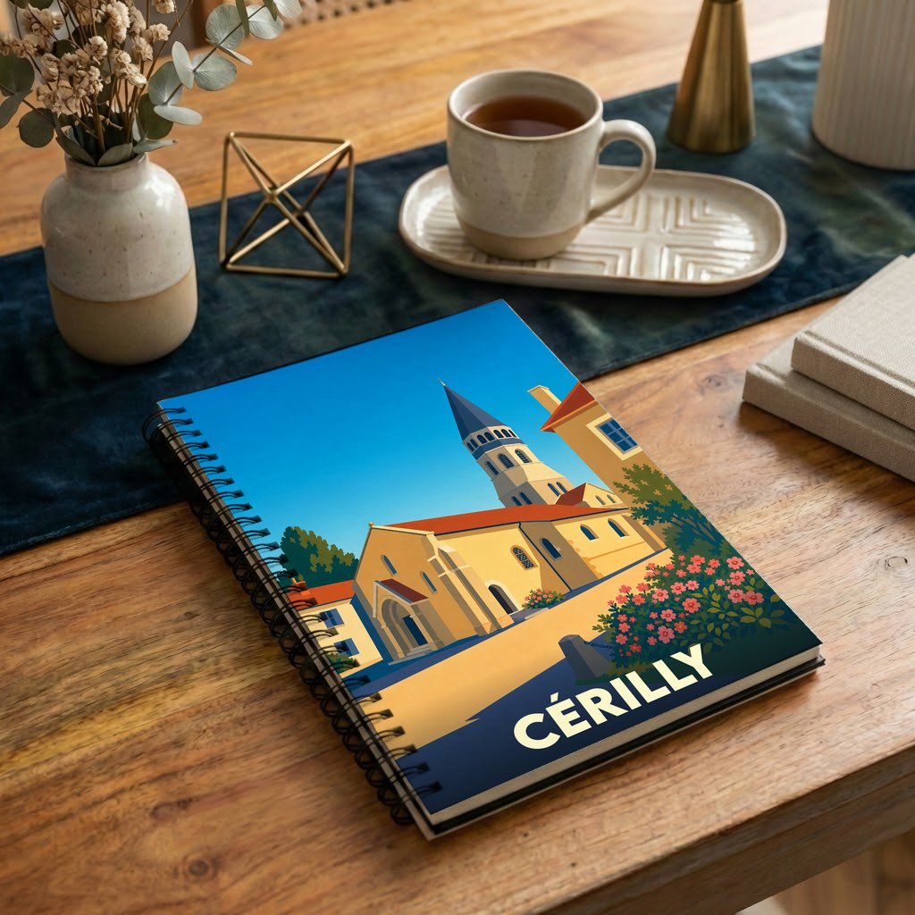 Carnet souvenir de la ville de Cérilly orné d'une illustration stylisée de son église.