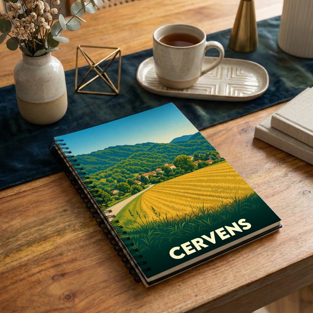 Carnet à spirales souvenir de la ville de Cervens avec une illustration paysagère stylisée.