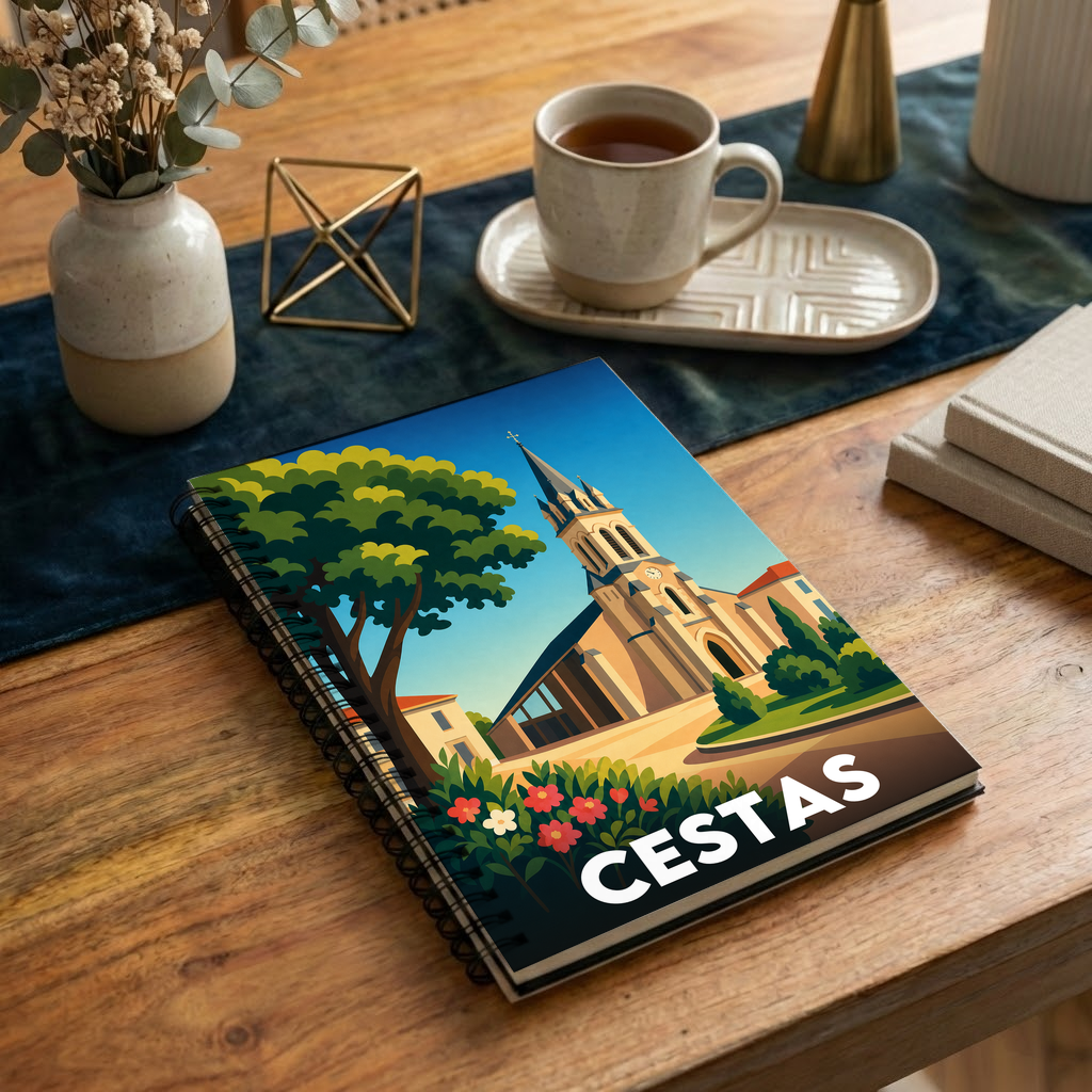 Carnet souvenir de la ville de Cestas avec une illustration stylisée.