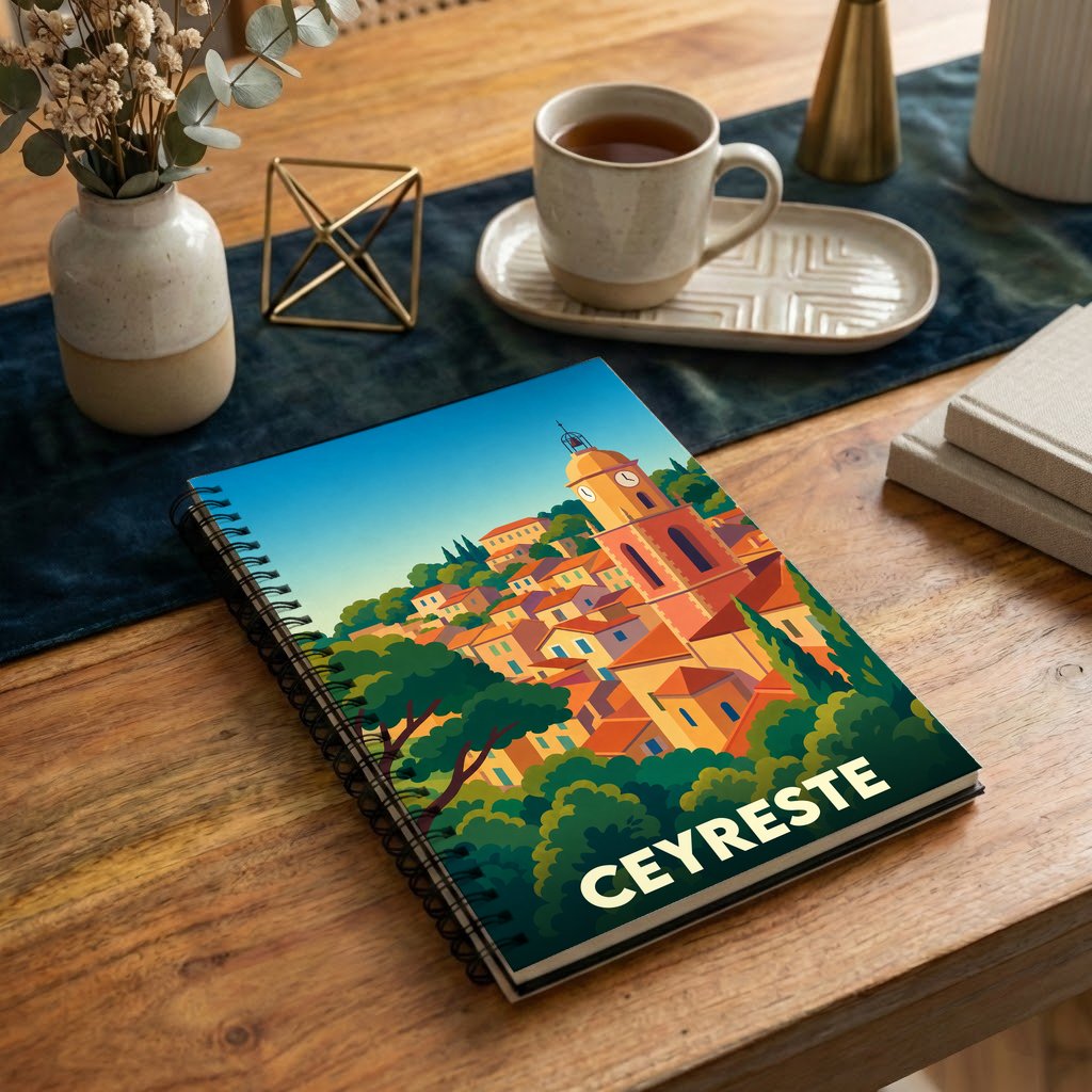 Carnet à spirales souvenir de la ville de Ceyreste illustré d'un paysage urbain provençal stylisé.