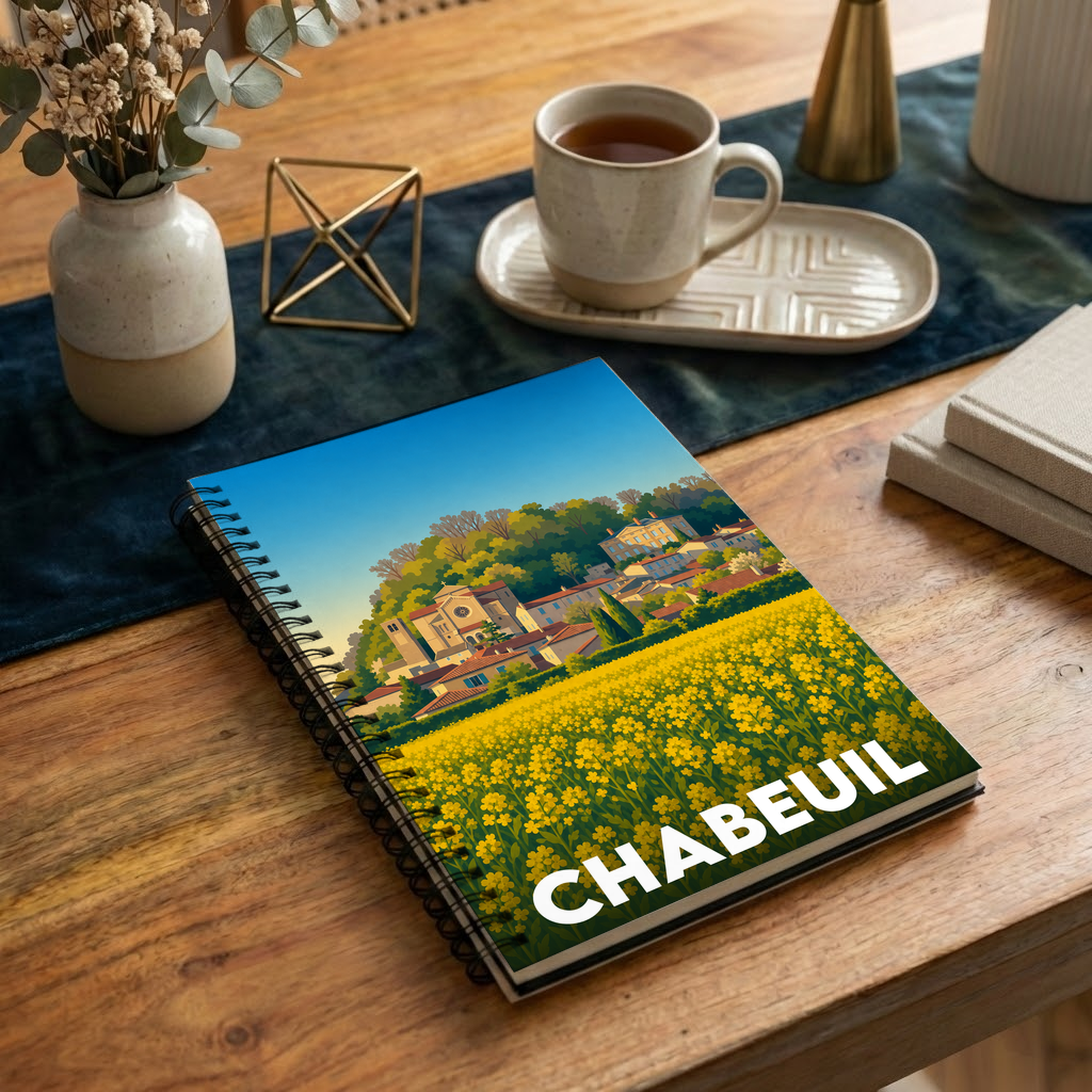 Carnet à spirales souvenir de la ville de Chabeuil avec une illustration stylisée d'un champ de fleurs jaunes devant le village.