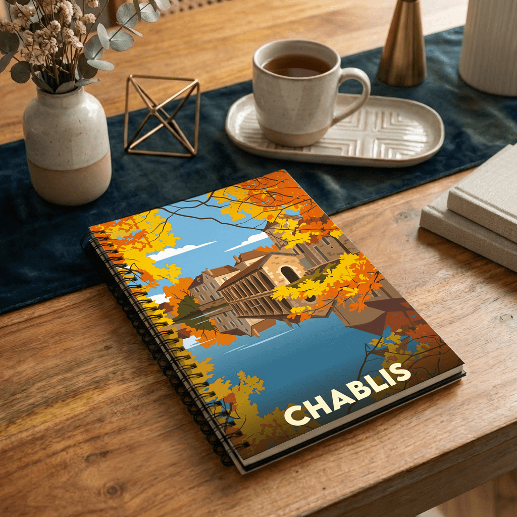 Carnet souvenir de la ville de Chablis avec une illustration stylisée d'un paysage automnal.