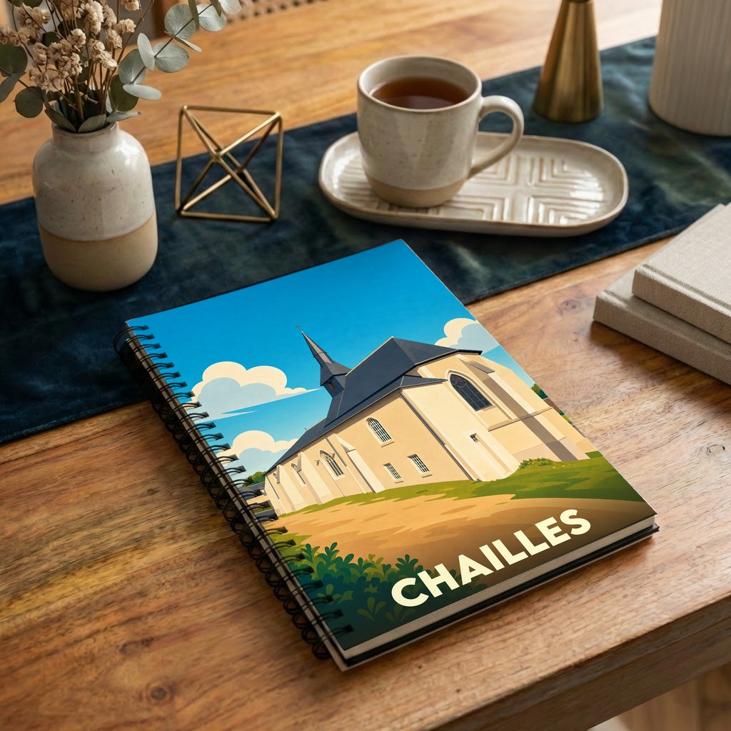Carnet souvenir de la ville de Chailles avec une illustration stylisée de son église sous un ciel bleu.
