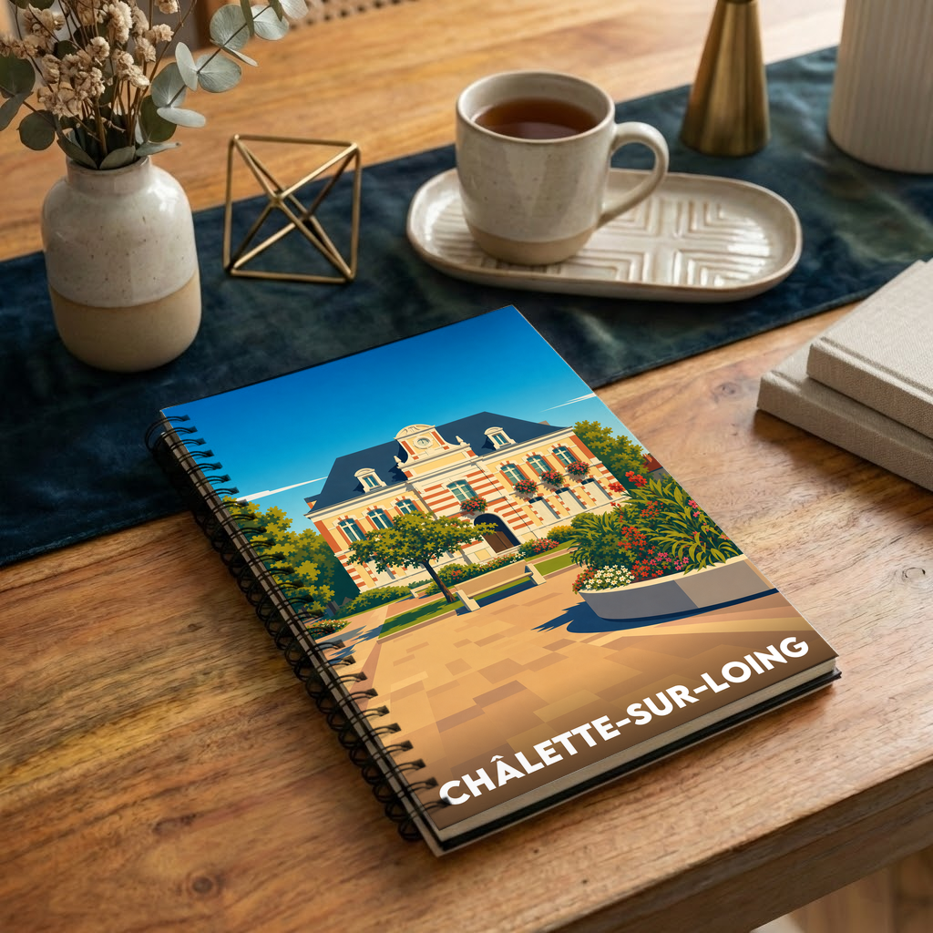Carnet souvenir de la ville de Châlette-sur-Loing avec une illustration stylisée.