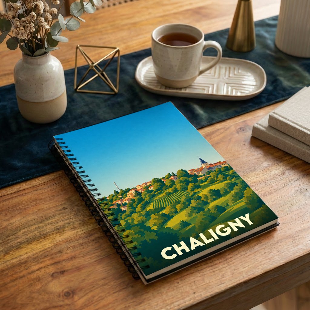 Carnet de notes souvenir de la ville de Chaligny avec une illustration stylisée de son paysage vallonné.