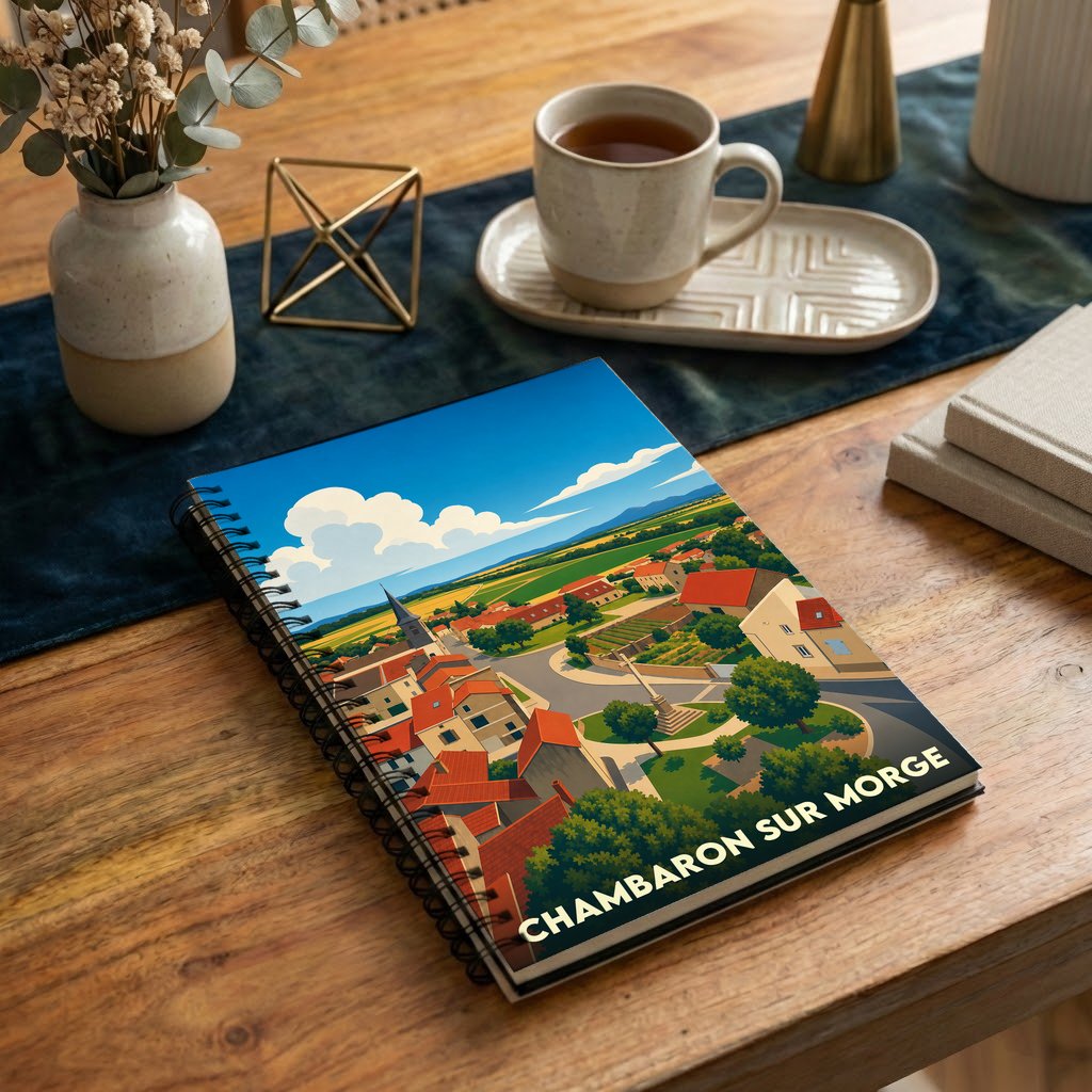 Carnet de notes souvenir de la ville de Chambaron-sur-Morge avec une illustration stylisée.