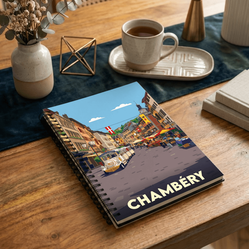 Carnet souvenir de la ville de Chambéry avec une illustration stylisée d'une rue animée.