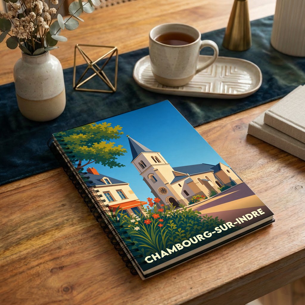 Carnet à spirales souvenir de la ville de Chambourg-sur-Indre avec une illustration stylisée de son église.