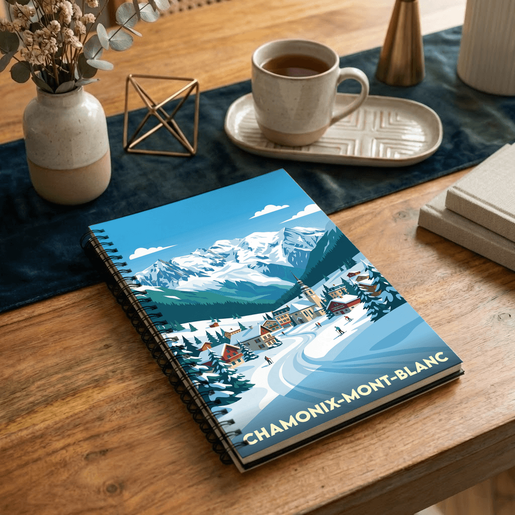 Carnet souvenir de la ville de Chamonix-Mont-Blanc avec une illustration stylisée.