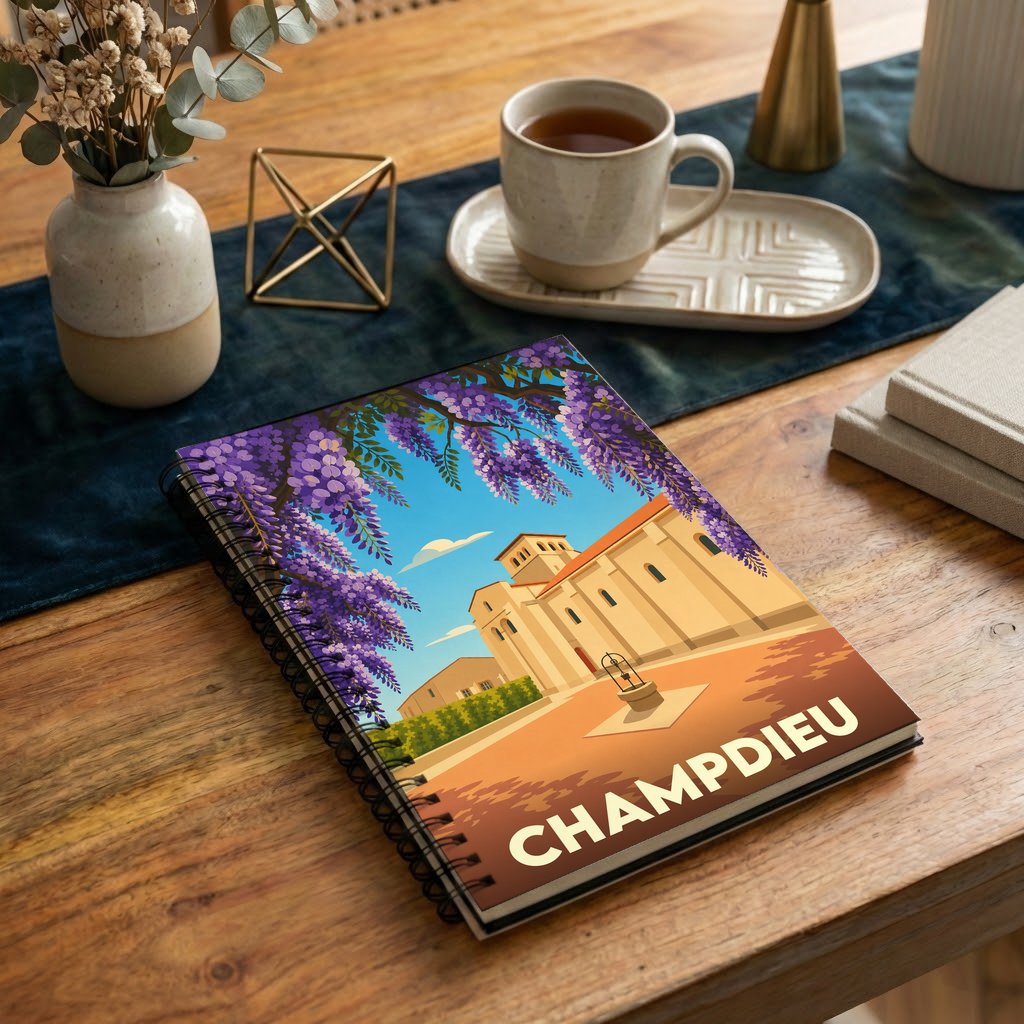 Carnet souvenir de la ville de Champdieu avec une illustration stylisée de son église entourée de glycines.
