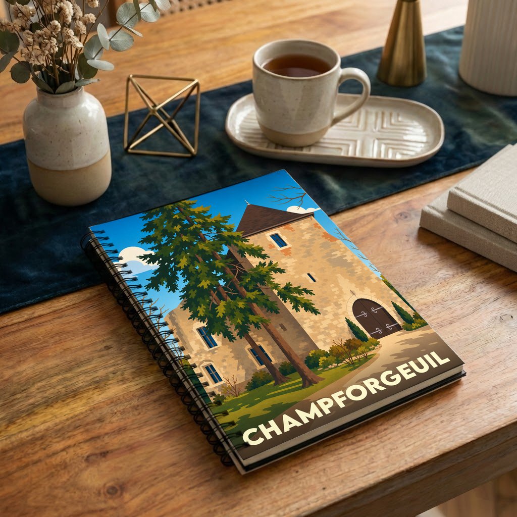 Carnet souvenir de la ville de Champforgeuil avec une illustration stylisée de son patrimoine.