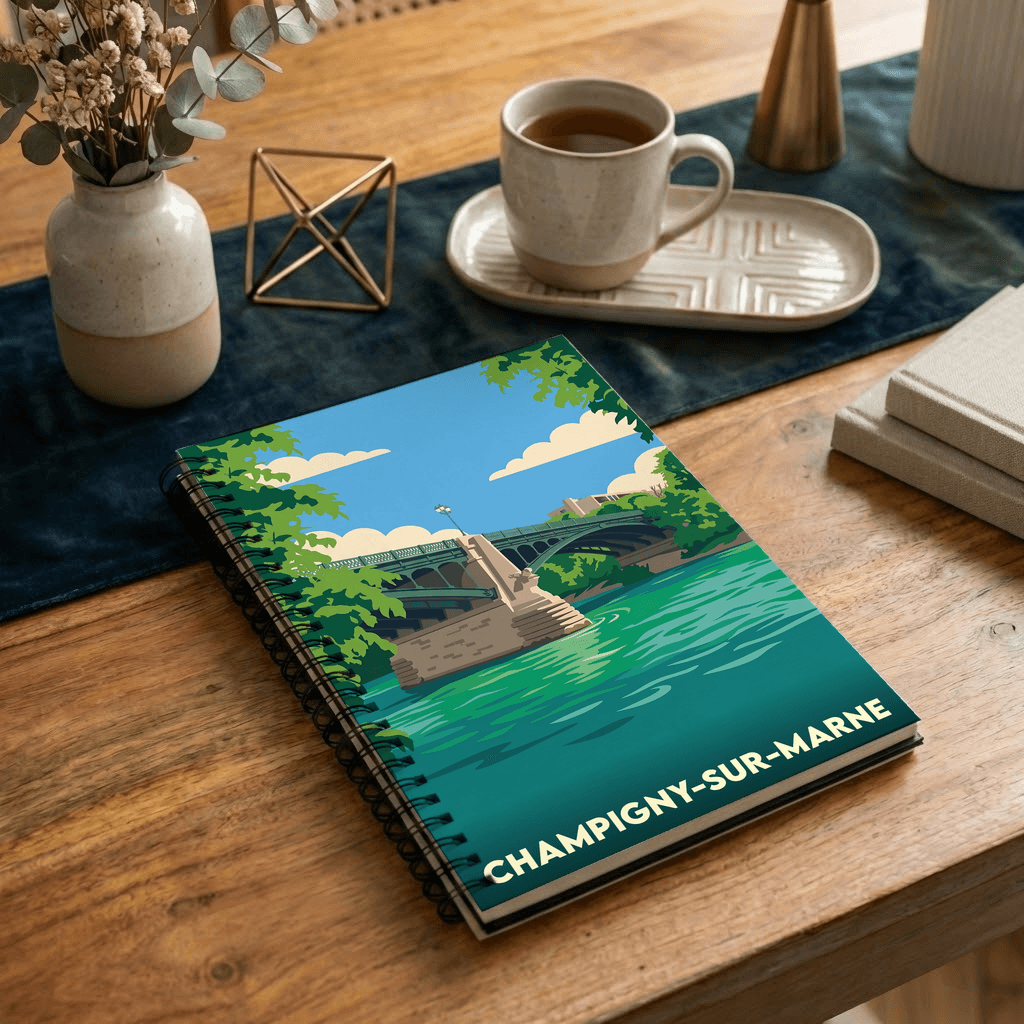Carnet souvenir de la ville de Champigny-sur-Marne avec une illustration stylisée.