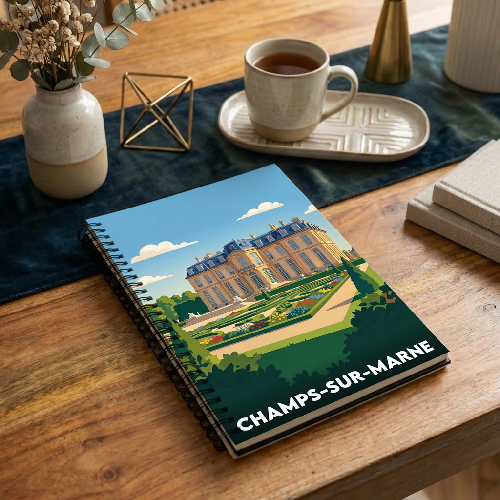 Carnet souvenir de la ville de Champs-sur-Marne avec une illustration stylisée.