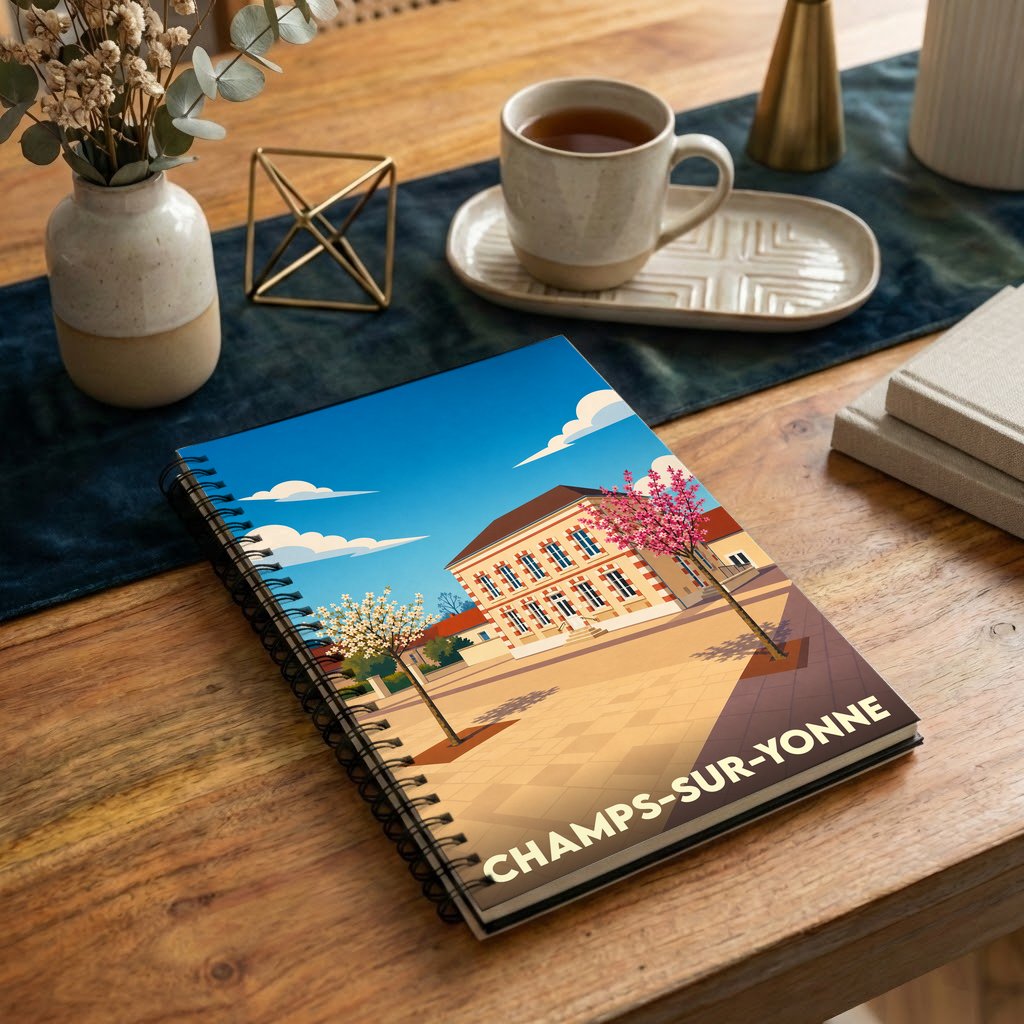 Carnet à spirales souvenir de la ville de Champs-sur-Yonne avec une illustration stylisée de sa mairie.