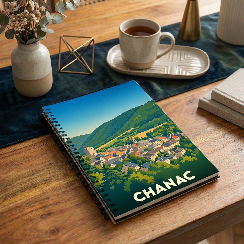 Carnet souvenir de la ville de Chanac avec une illustration stylisée d'un village de montagne.