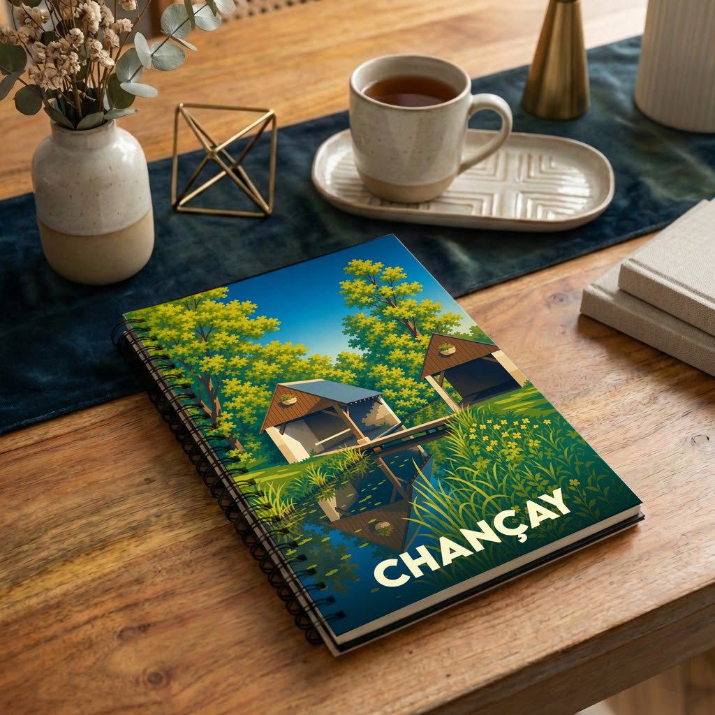 Carnet souvenir de la ville de Chançay avec une illustration stylisée d'un paysage naturel.