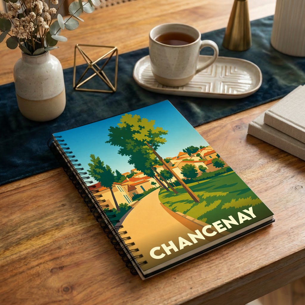 Carnet à spirales souvenir de la ville de Chancenay avec une illustration stylisée de son paysage urbain.