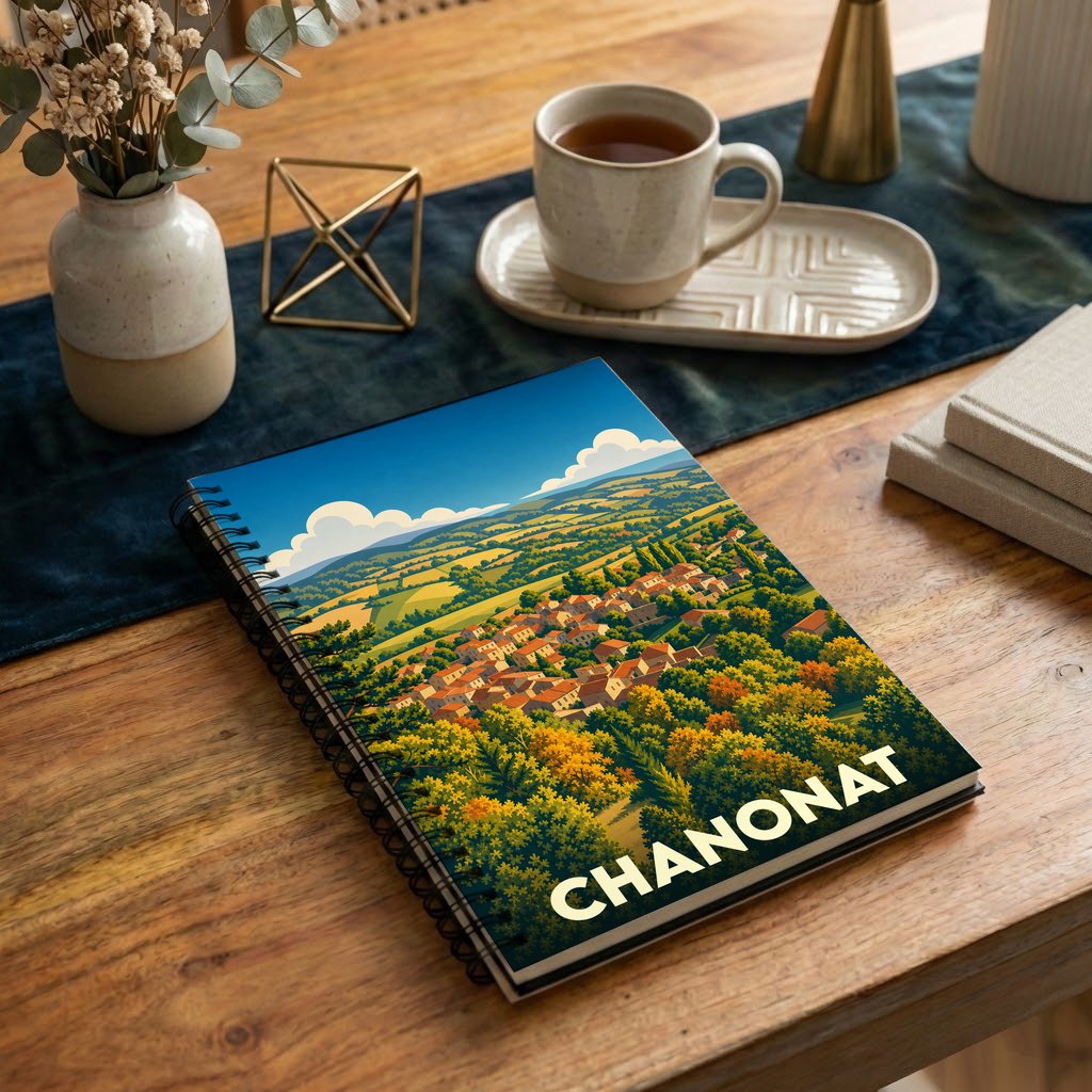 Carnet souvenir de la ville de Chanonat avec une illustration stylisée d'un paysage vallonné.