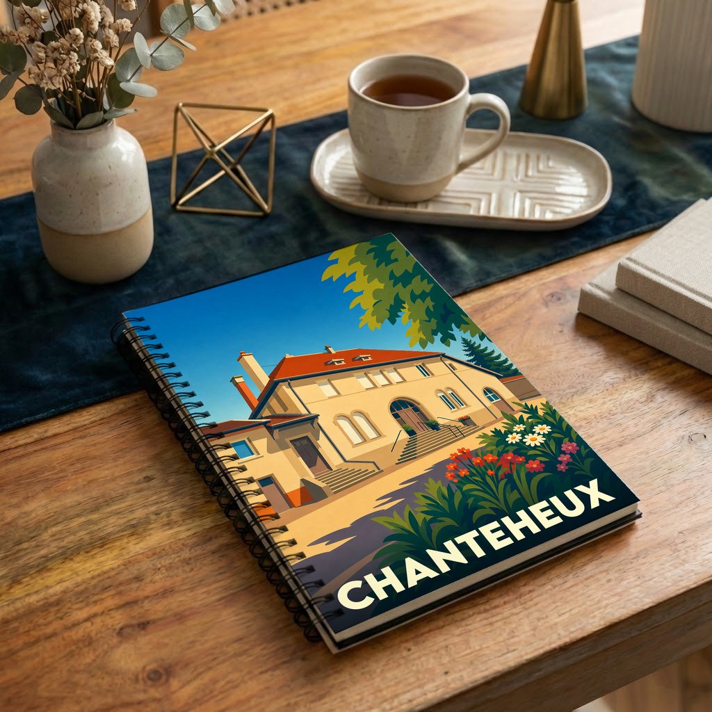Carnet à spirales souvenir de la ville de Chanteheux avec une illustration stylisée d'une demeure traditionnelle.