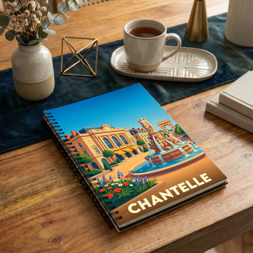Carnet à spirale souvenir de la ville de Chantelle avec une illustration stylisée de sa place principale.