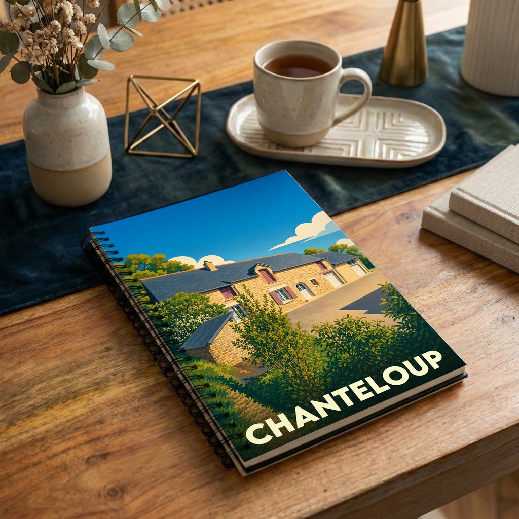 Carnet souvenir de la ville de Chanteloup avec une illustration stylisée d'une maison en pierre.