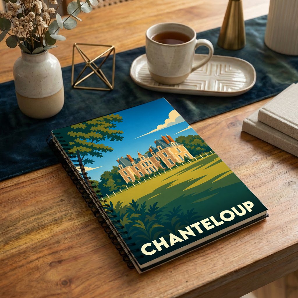 Carnet à spirales souvenir de la ville de Chanteloup avec une illustration stylisée d'un château.