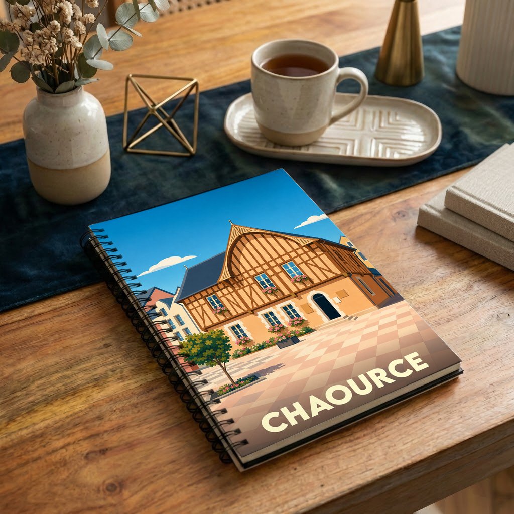Carnet à spirales souvenir de la ville de Chaource avec une illustration stylisée d'une maison à colombages.