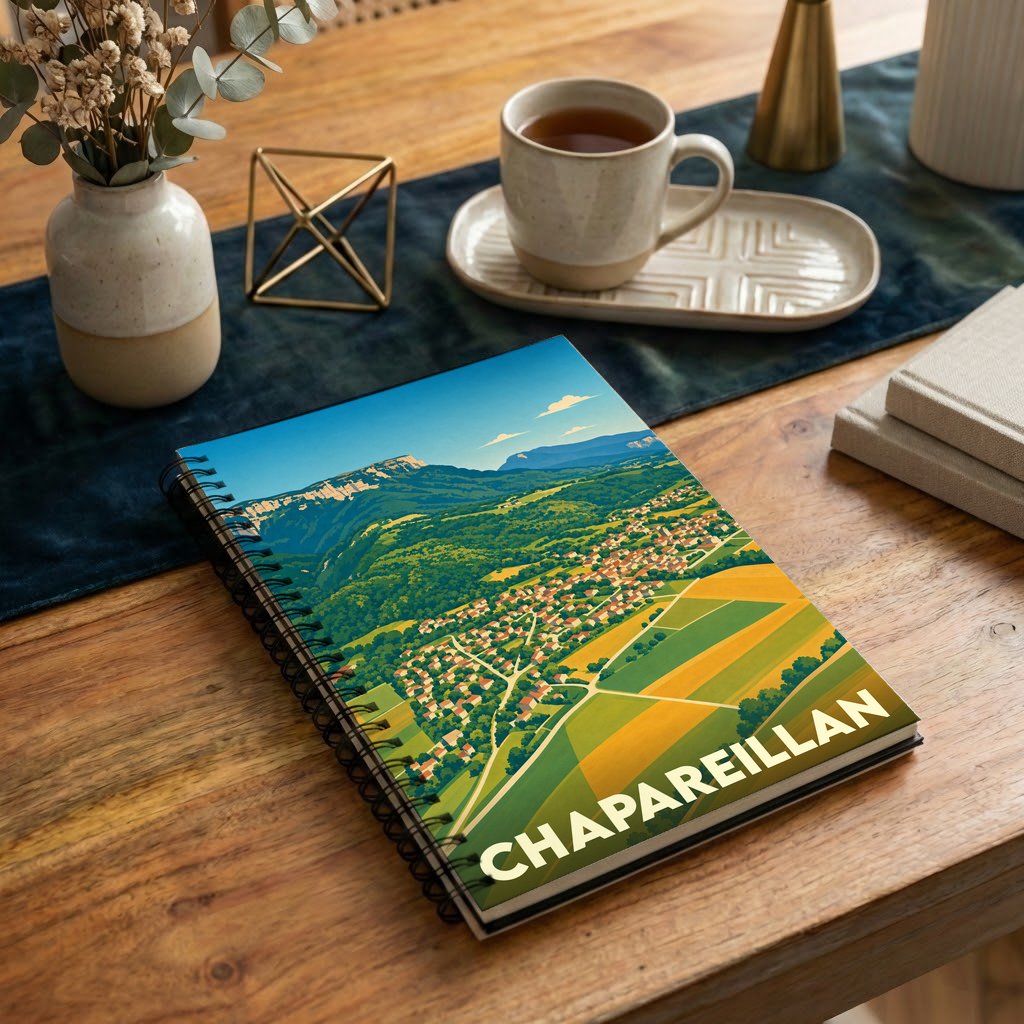 Carnet souvenir de la ville de Chapareillan avec une illustration stylisée de son paysage montagneux.