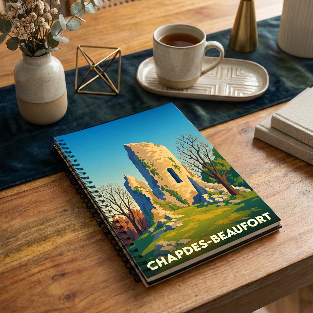 Carnet à spirales souvenir de la ville de Chapdes-Beaufort avec une illustration stylisée d'un château en ruines.