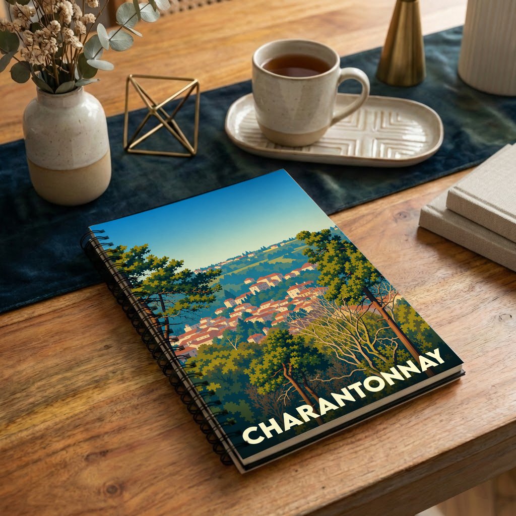 Carnet à spirales souvenir de la ville de Charantonnay avec une illustration stylisée d'un paysage arboré.