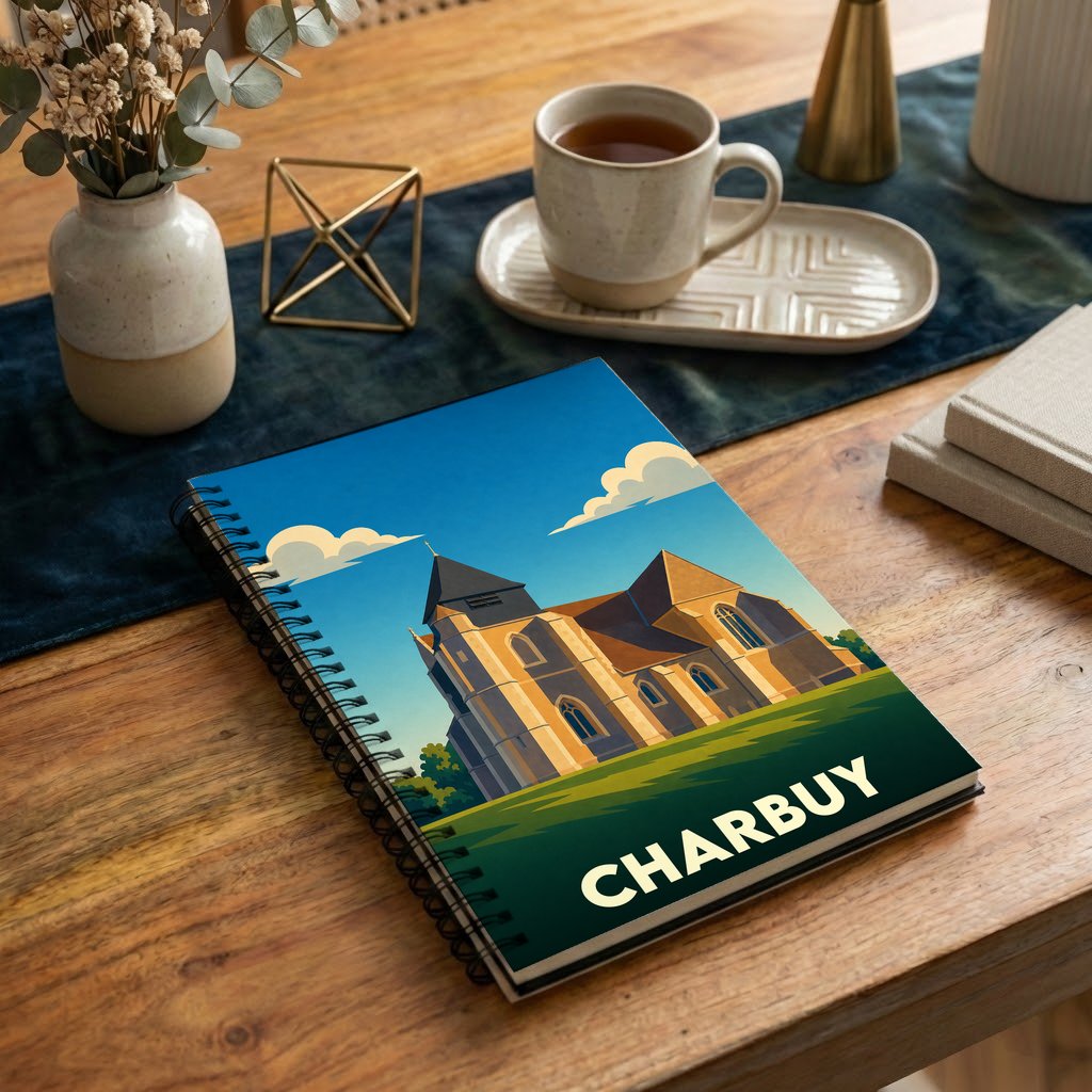 Carnet souvenir de la ville de Charbuy avec une illustration stylisée de son église.