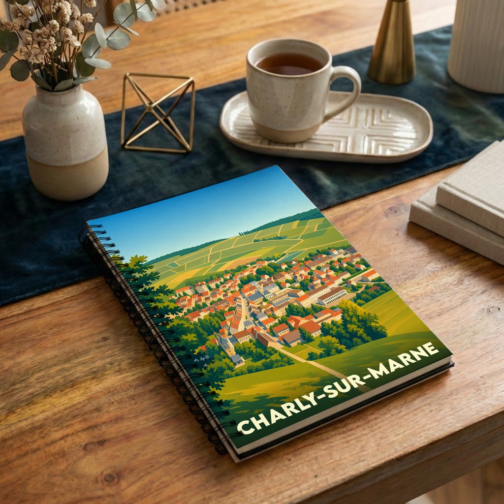 Carnet de notes à spirales souvenir de Charly-sur-Marne avec une illustration stylisée du village et de ses vignobles.